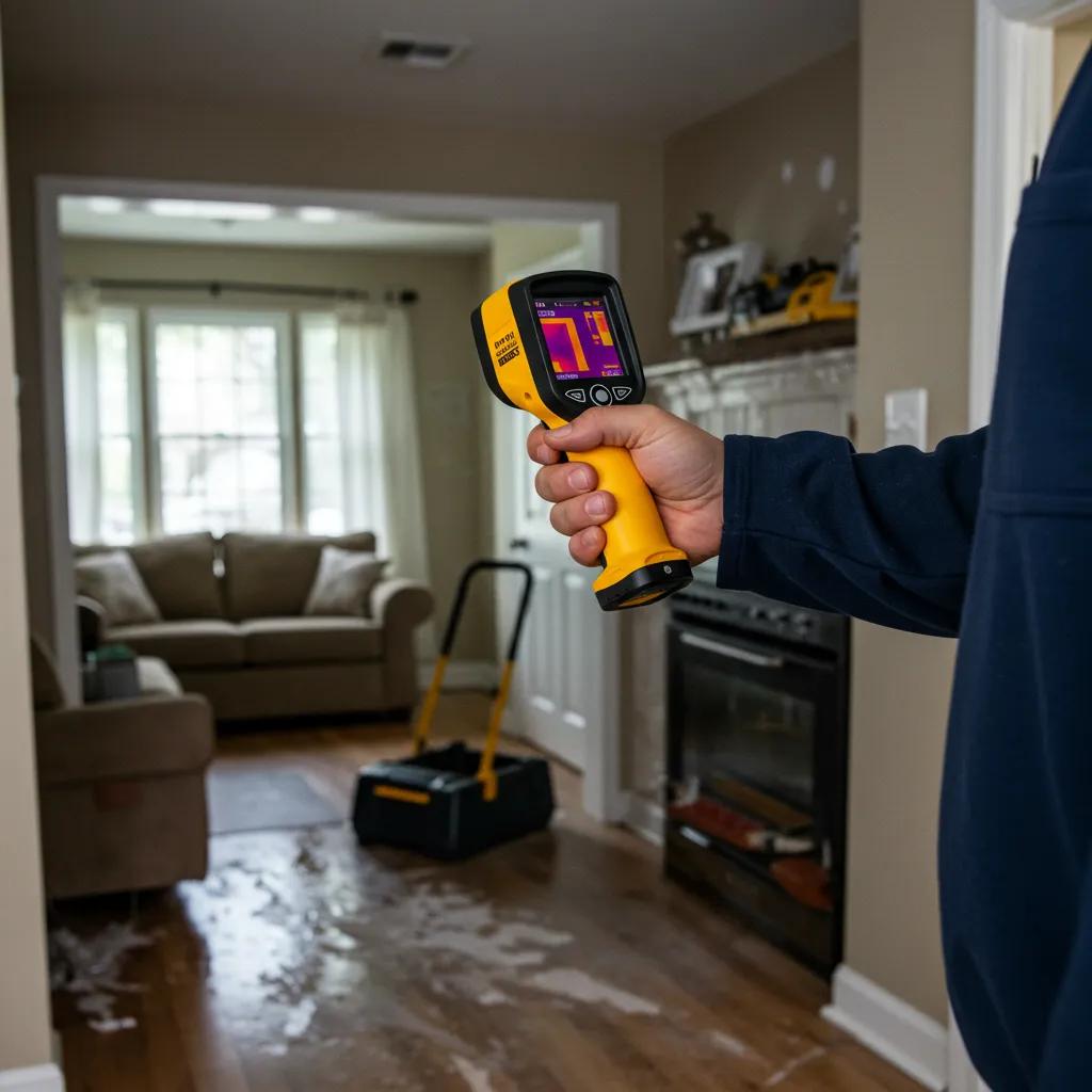 Professional technician using thermal imaging for leak detection in a home
