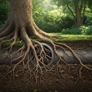 Tree roots invading a sewer pipe, illustrating the impact on drainage systems