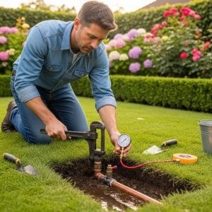 Homeowner inspecting a waterline with tools in a garden setting