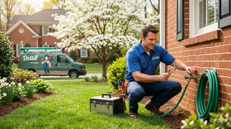 Plumber checking an outdoor water connection