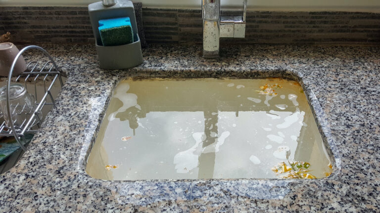 Clogged kitchen sink full of standing water