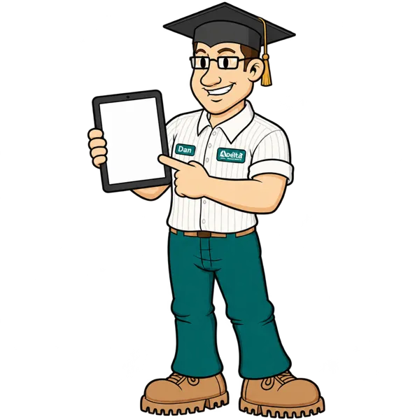 Delta Dan, Delta Plumbing's mascot, holding a tablet