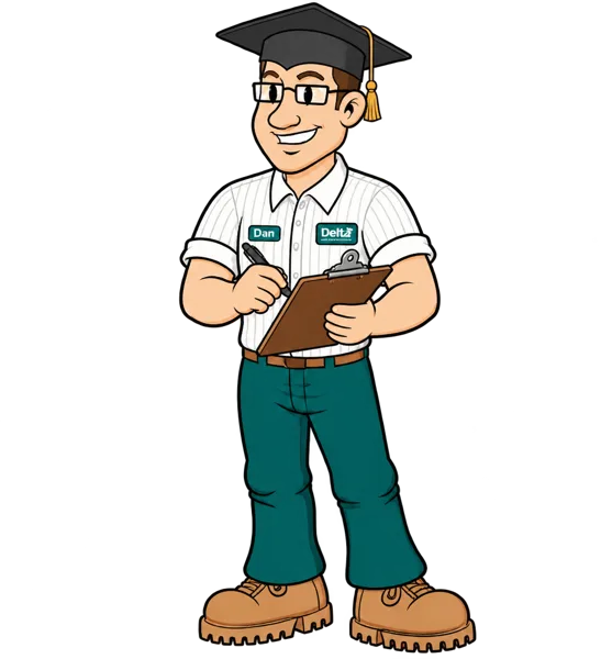 Delta Dan, Delta Plumbing mascot, with a clipboard