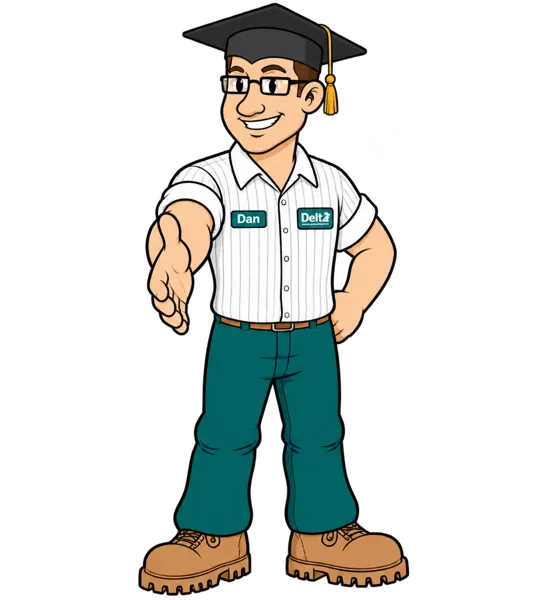 Delta Dan, Delta Plumbing's mascot, reaching out for a handshake