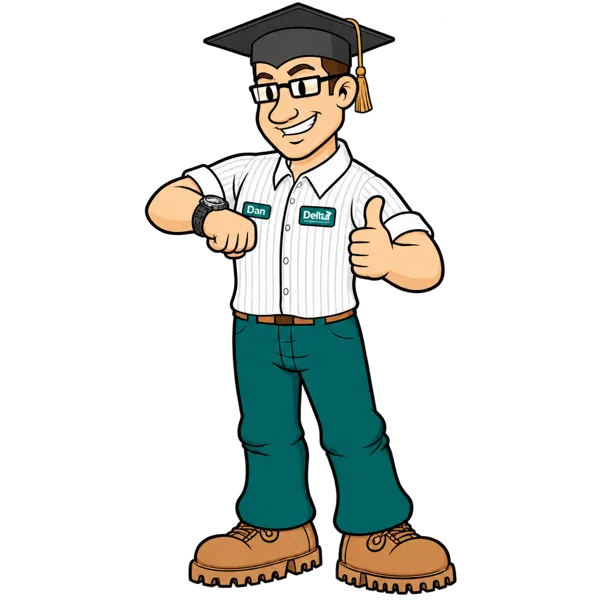 Delta Dan, Delta Plumbing mascot, giving a thumbs up