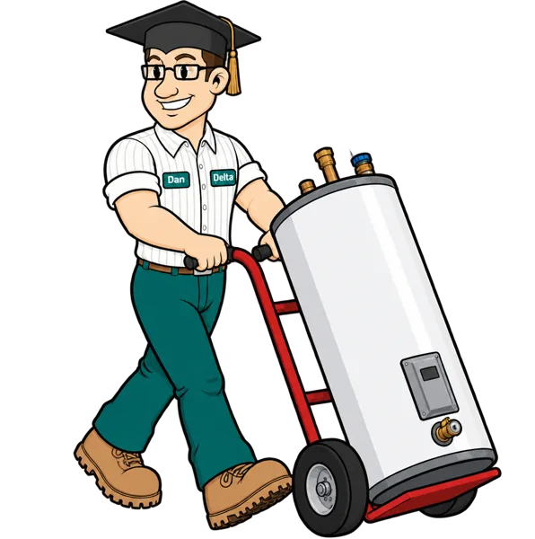 Delta Dan, The Educated Plumber mascot, with a water heater
