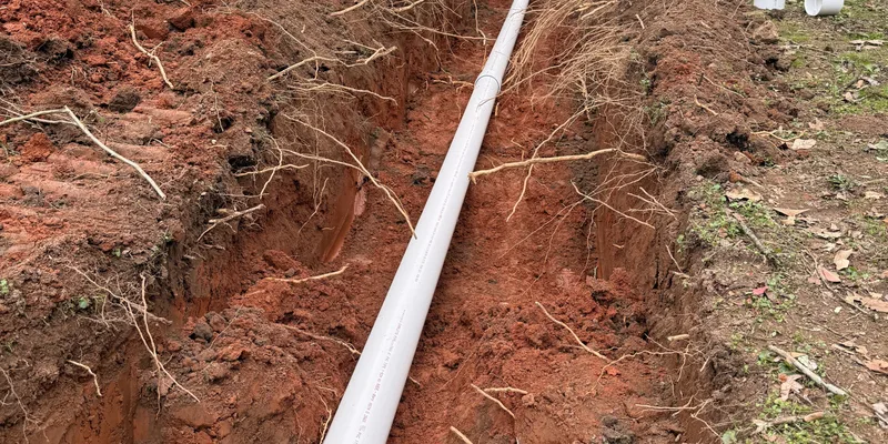 New waterline pipe laid in an open trench during a Delta Plumbing water line replacement in Metro Atlanta